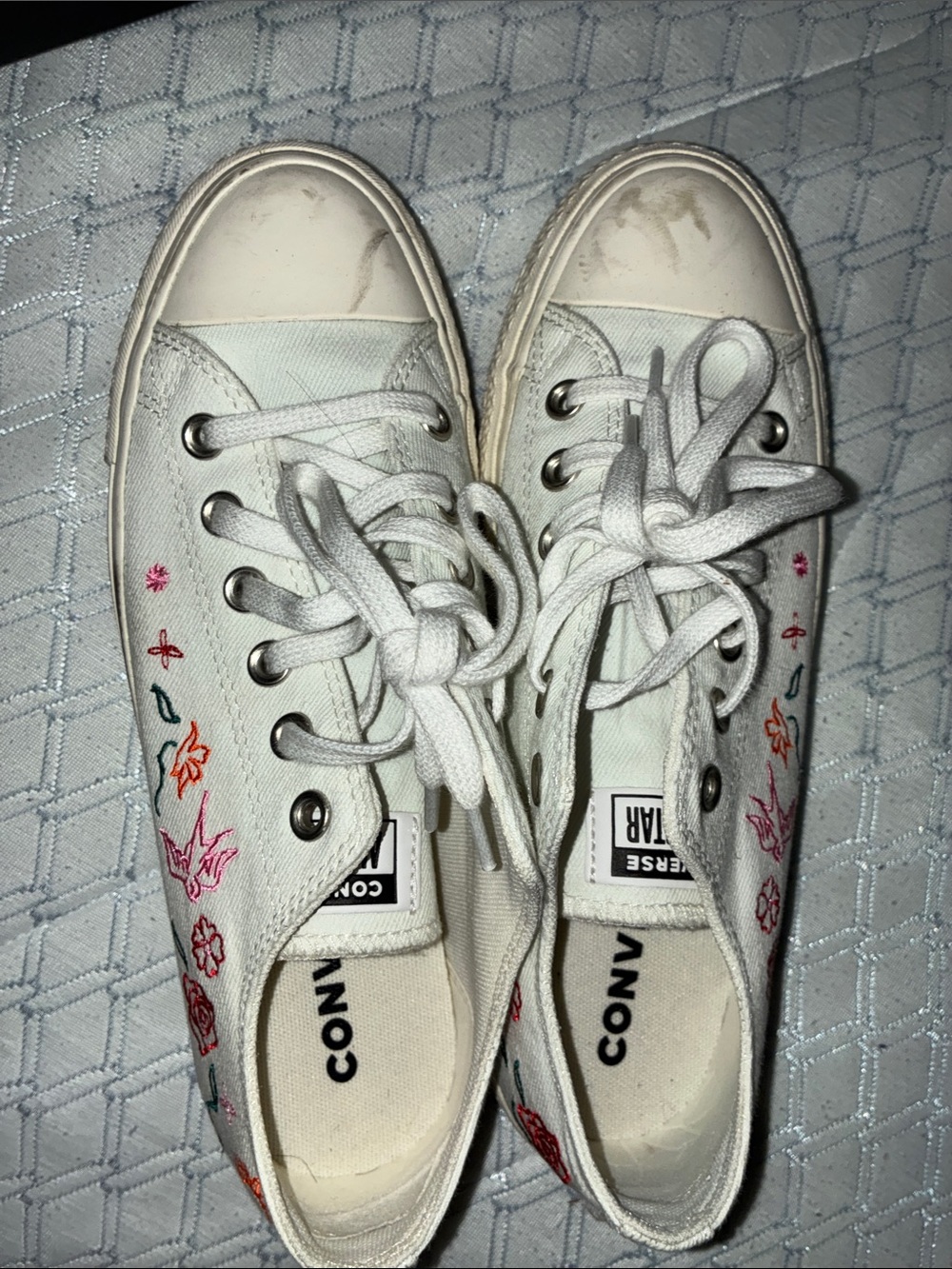 Converse White Low-Top Sneakers with Pink & Orange Floral Stitching